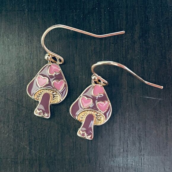Purple Pink Mushroom Hearts Valentine Drop Earrings - Picture 1 of 2
